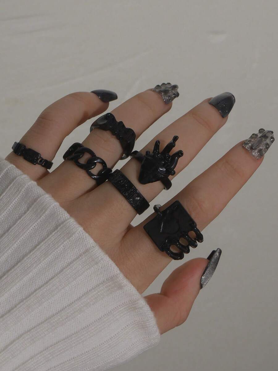 6pcs/Set Punk Style Drip Oil Heart Letter Poker Card Rings Set For Women - Black - View 1