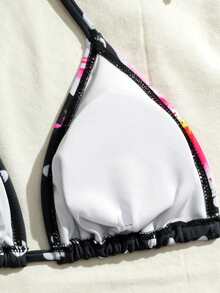 Women's Summer Vacation Beach Floral & Polka Dot Print Halter Tie Bikini 3 Pieces Set - Black - View 9