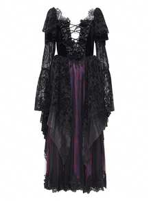 Đầm Gothic cổ chữ V tay loe buộc dây, chất liệu tương phản, họa tiết hoa màu tím. - màu đen - Xem 15