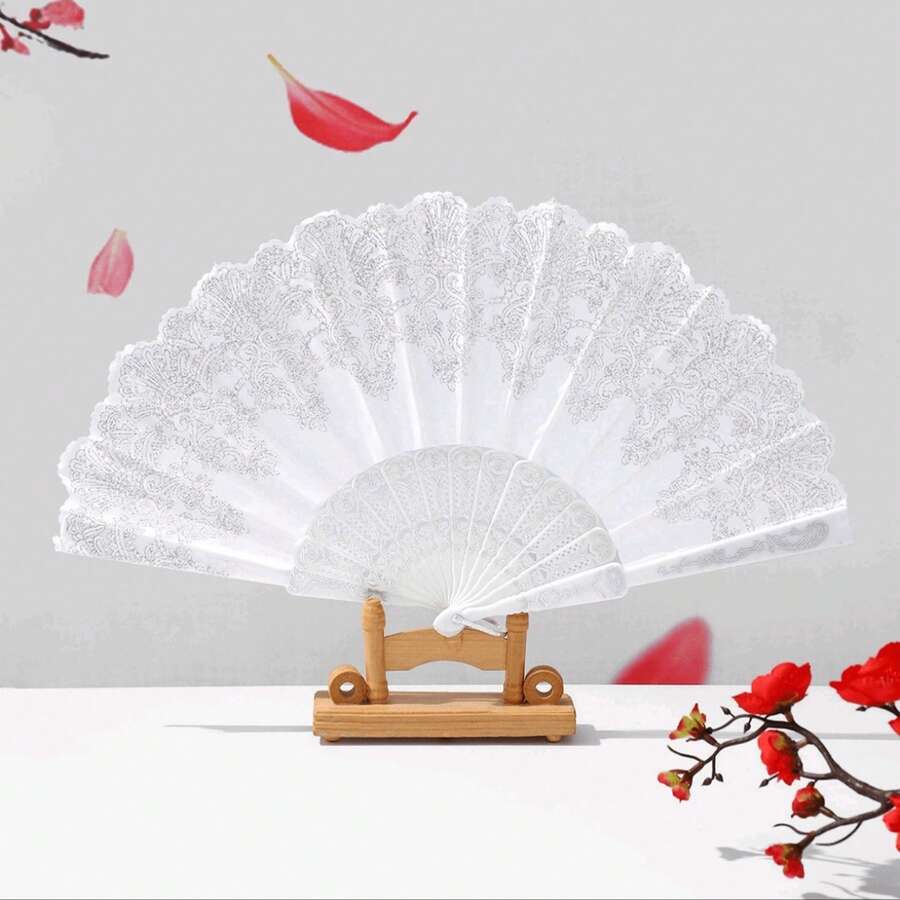 Abanico de mano blanco para dama con flores plateadas, abanico plegable de moda para baile - Multicolor - Ver 1