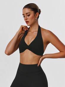 Sodalemon Women's Twist Back Workout Top, V-Neck Padded Solid Color Yoga Casual Sports Bra - Black - View 7