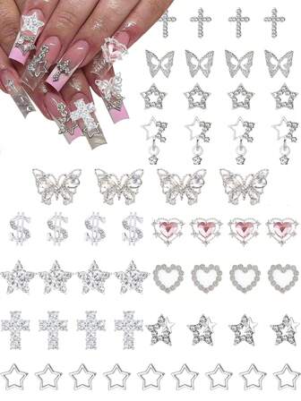 48pcs Nail Charm Set, Cute Heart Charm, Shiny Star Charm, 3D Silver Y2K Nail Gems & Rhinestone Nail Art Accessories