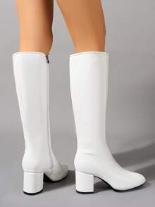 Women's Knee-High Boots, Pointed Toe, Thick Heel, Side Zipper, Solid Color, Simple Design, Casual And Comfortable, Two Colors Optional, Low-Key And Versatile, Gorgeous, Suitable For Daily Commuting Wear, Local Warehouse. - 白色 - 查看 5