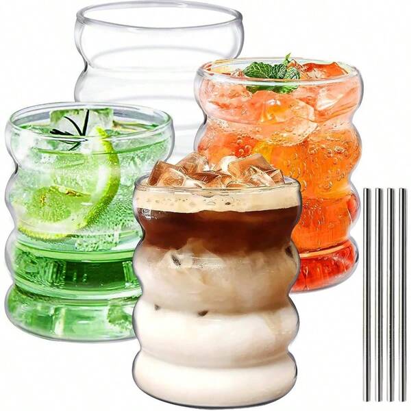 Ribbed Drinking Glasses With Straws, Set Of 4, 300 Ml Iced Coffee Glasses, Wave Glasses, Tumblers, Glasses, Long Drink Glasses, Glasses Cocktails, Soda, With Brush