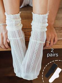 2 Pairs Women Solid Black & White Mesh Lace Thin Pile Socks, Soft Comfortable Breathable Mid-Calf Socks Suitable For Daily Wear, Party, Holiday In All Seasons, Pair With Loafers, Canvas Shoes And Sneakers Christmas Gift - Multicolor - View 6