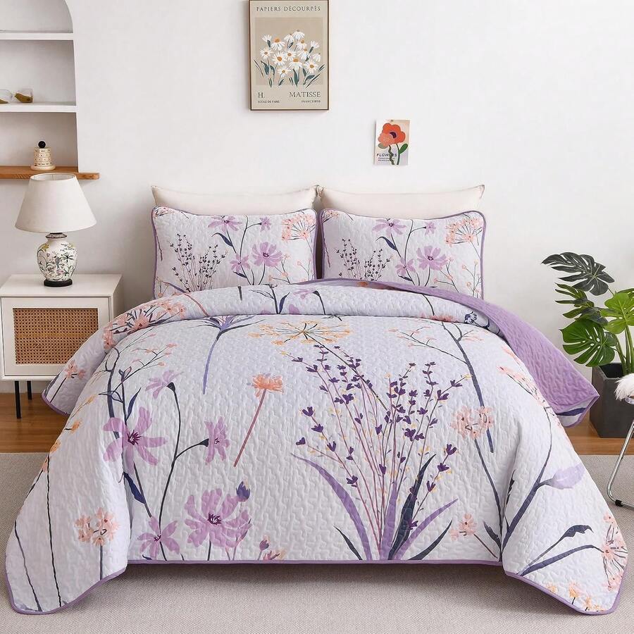 3 Pcs Pink/Purple Soft Floral Bedspread Quilt Coverlet Set Double Queen King Size Bedding Sets (1 Quilt + 2 Pillow Cases), Comfortable Soft Breathable, Suitable For Wedding Items, Home Bed Room Decor, Christmas Day Gift, All Season - 淡紫色 - 查看 1