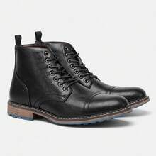 Men's Retro Work Boots, Round Toe Thick Sole Casual Boots, Dual-Color Upper With Rubber Contrasting Sole, Outdoor/Commute Ankle Boots - Black - View 7