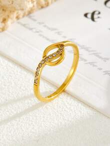 1pc 18K Gold-Plated Stainless Steel Hollow Wavy Interlocked Double Hoop Ring With Cubic Zirconia, Creative Design Fashionable Versatile Ring, Stylish Daily Wear Jewelry Gift For Women - Creative Wave-patterned Double-ring Ring Set With Artificial - View 10