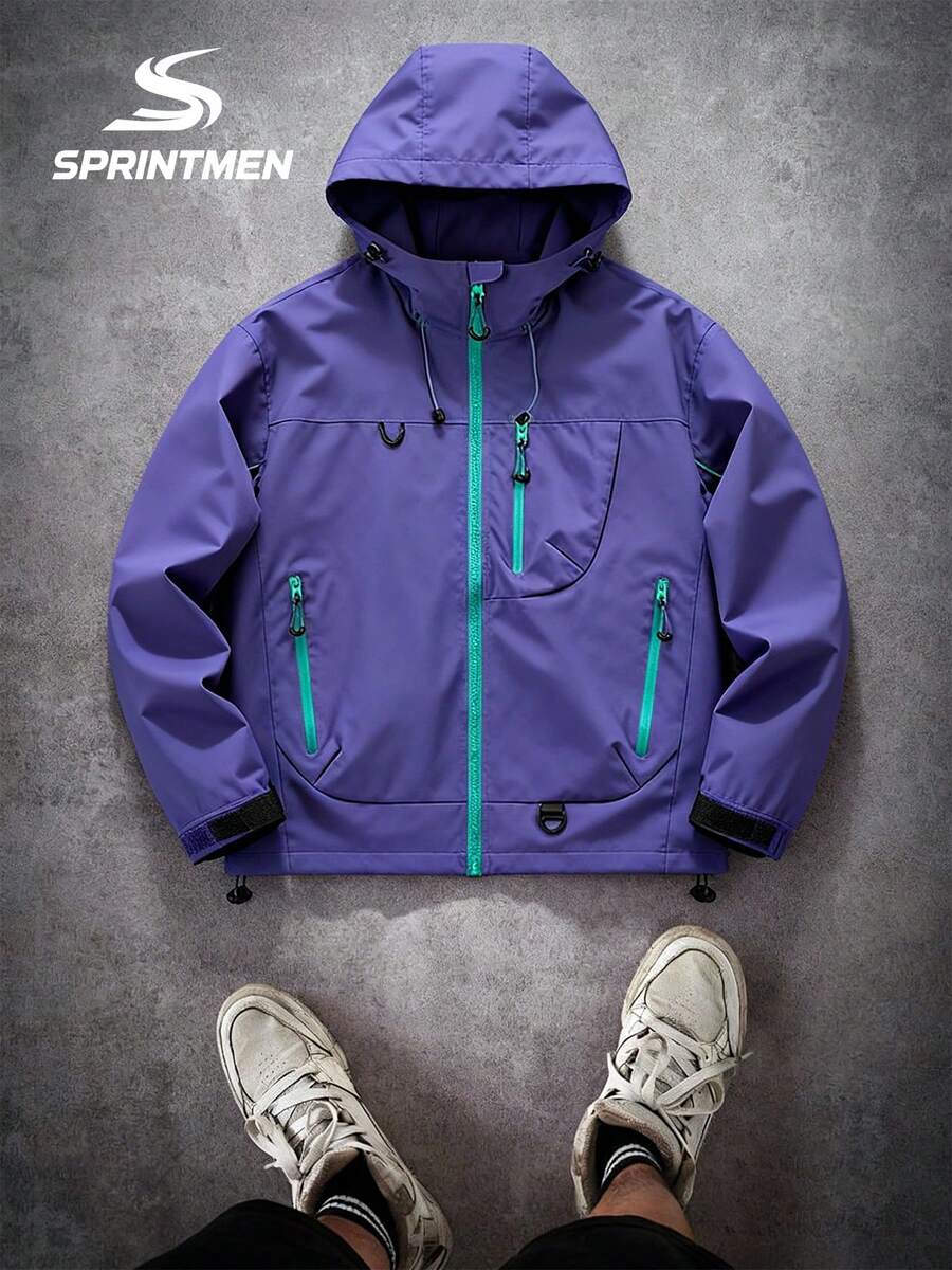 1pc Men's Spring/Autumn Outdoor Functional Hooded Softshell Jacket, Purple Contrast Color, Comfortable Fabric, Drawstring + Multi-Zipper Pockets, Adjustable Hood + Hem, Suitable For Outdoor Hiking, Climbing - Purple - View 1