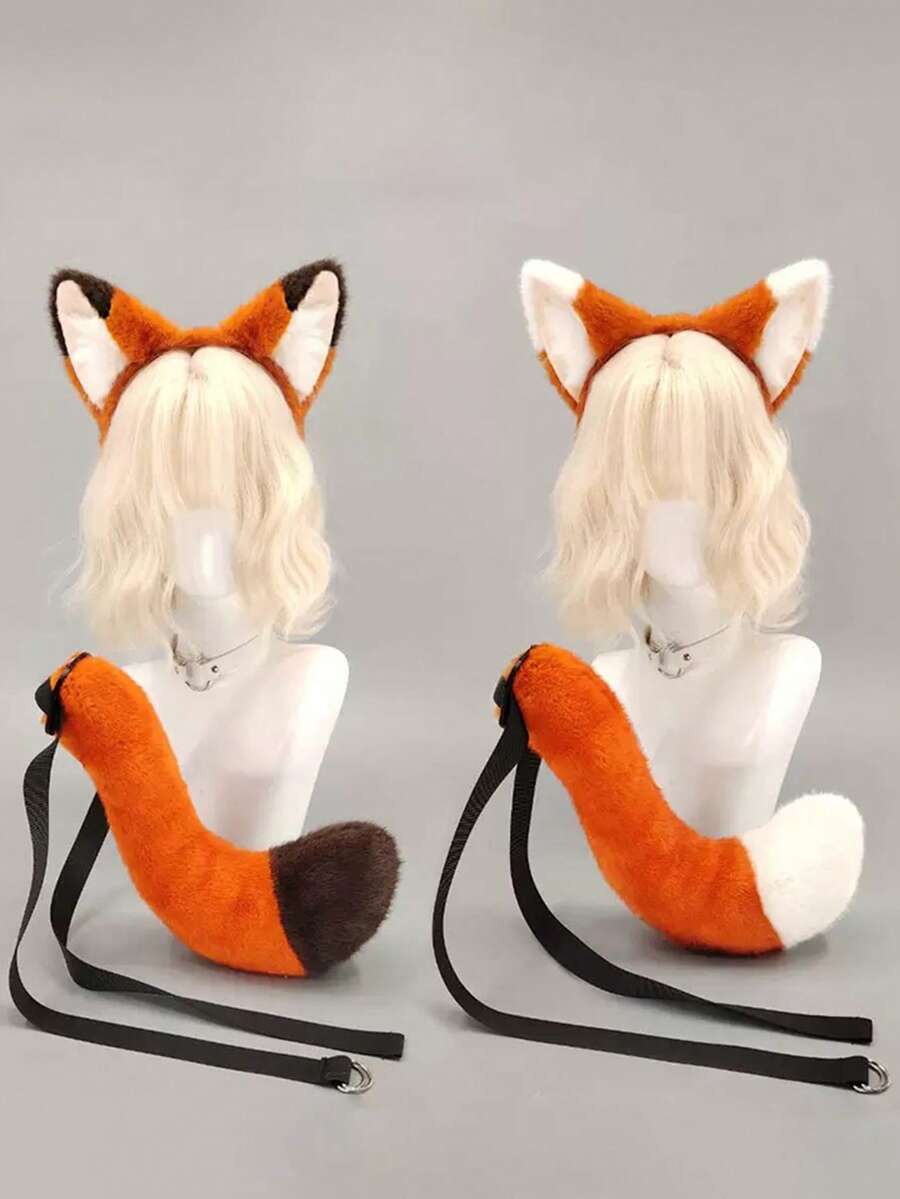 1pc Plush Fox Ear Headband And Tail Set, Halloween, Party, Anime Convention Suitable Plush Animal Cosplay Accessories - Multicolor - View 1