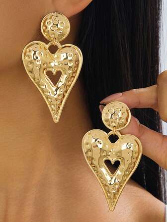 Geometric Hollow Heart Shaped Textured Stud Earrings, Versatile Statement Jewelry Gift For Women