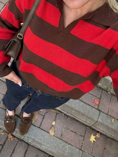 Suéter feminino de malha casual listrada com gola polo, manga longa e modelagem solta, perfeito para outono/inverno.