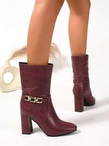 Burgundy Chain Buckle Slip-On High Heel Chunky Round Toe Elegant Versatile New Autumn/Winter Fashion Ankle Boots For Women - Burgundy - View 3