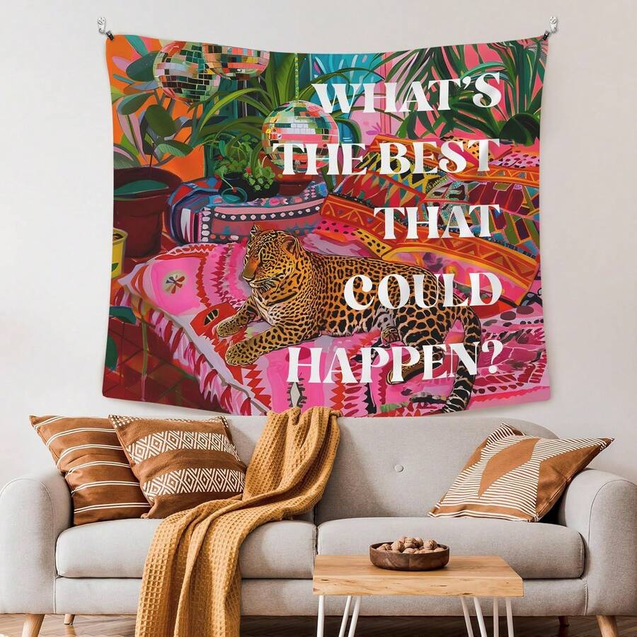 1pc Preppy Leopard Disco What's The Best That Could Happen Wall Tapestry, Fashion Aesthetic Horizontal Wall Tapestry Hanging, Modern Pattern Print Art Tapestries, Wall Decor For Bedroom, Living Room, Dorm, Party - Unique Birthday & Holiday Gift For Friends, Women, Men, Yourself, Dorm Room Accessory(40x30in/60x40in/60x51in/80x60in/90x60in) - 1 tấm thảm - Xem 1