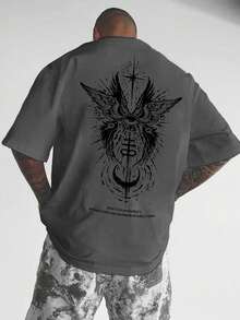 Men's Knit T-Shirt With Wing Eye Print, Casual Round Neck Short Sleeve T-Shirt - Grey - View 1