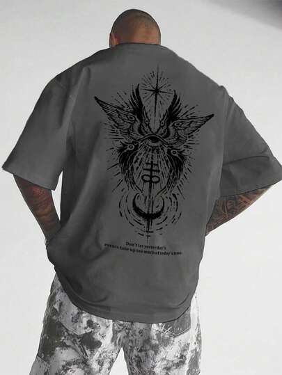 男士针织T恤，翅膀眼睛印花，休闲圆领短袖T恤