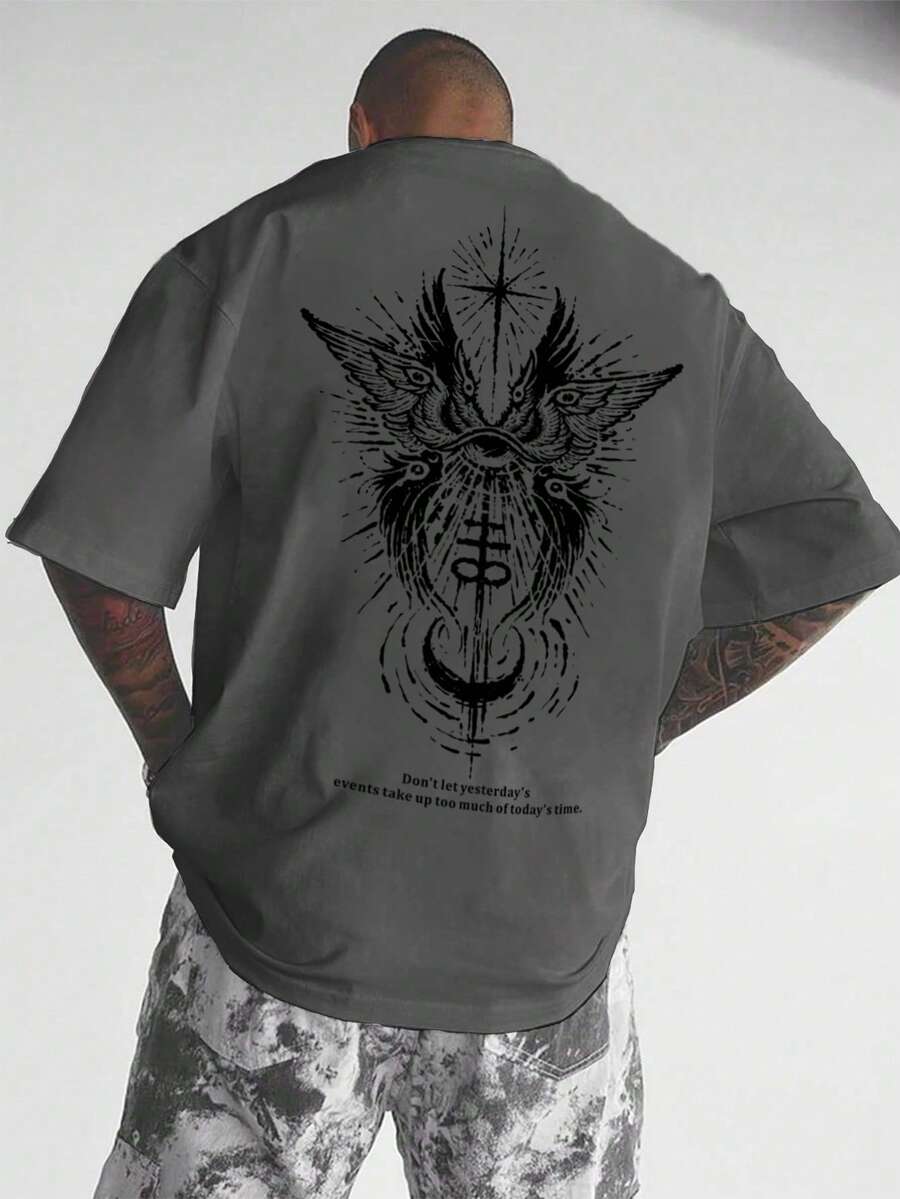 Men's Knit T-Shirt With Wing Eye Print, Casual Round Neck Short Sleeve T-Shirt - Grey - View 1