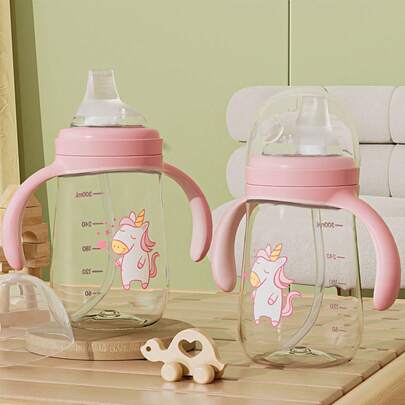 1 pieza Taza con pajita de 300ML con diseño de dibujos animados para niños, taza de entrenamiento linda para bebés, material de tritán, pico de pato a prueba de derrames, diseño con asa, anti-fugas y anti-caídas, adecuada para bebés de 6 meses en adelante, para uso en casa, al aire libre, regalo para fiestas