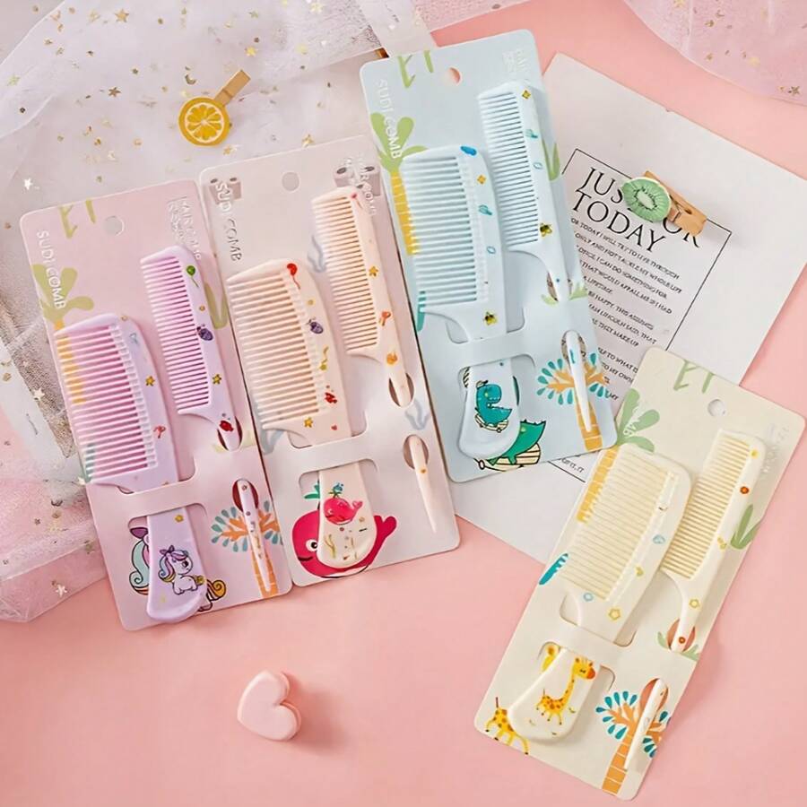 Luxurious Two-Piece Hair Comb Set, Portable Anti-Static Plastic Combs - Ideal Gift Choice With Cartoon Animal Designs, Styling And Fine-Toothed Tail Crested Sets CN4G - Blue Dinosaur - 查看 1
