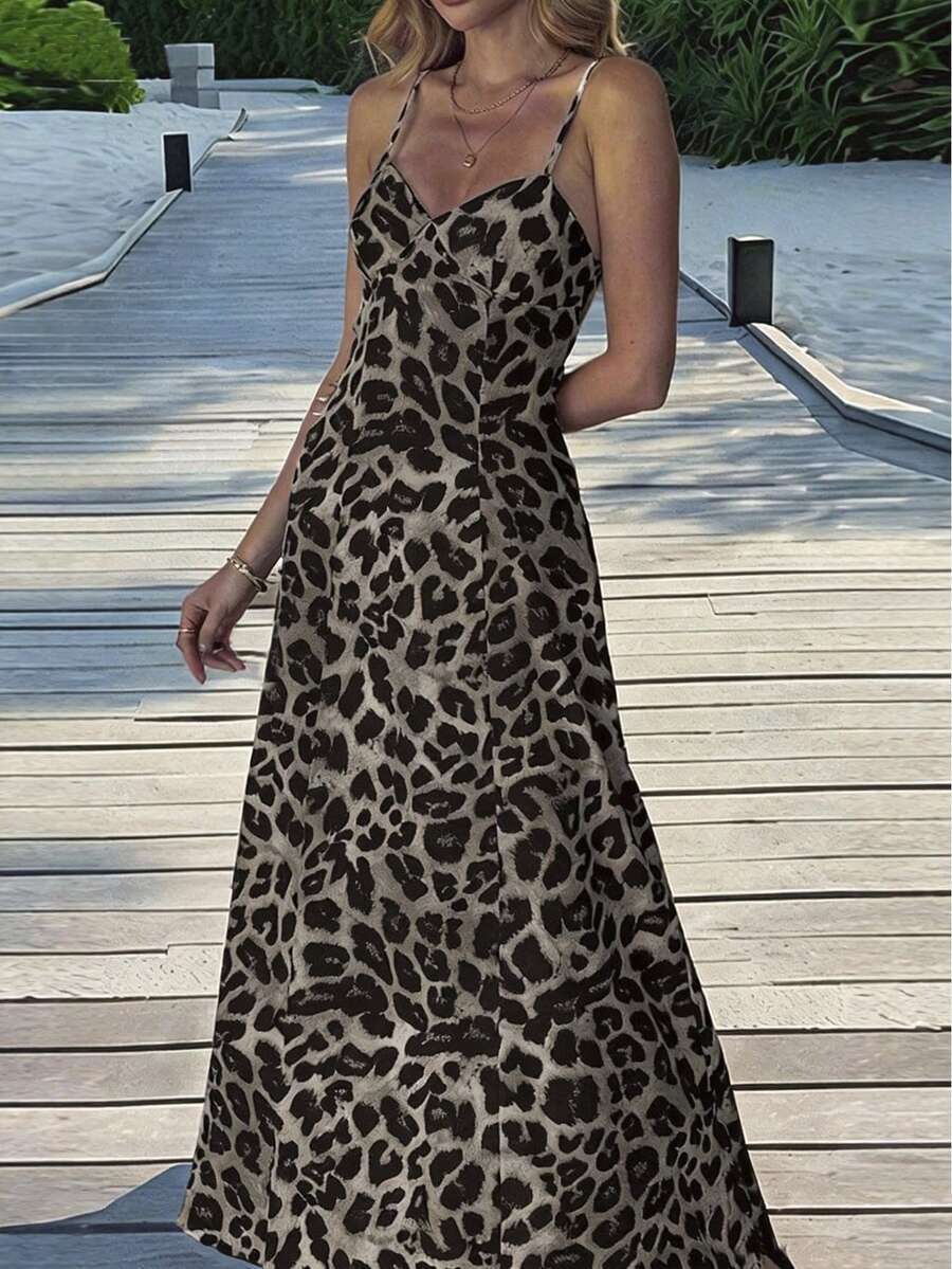 Women's Leopard Print Sleeveless Backless High Waist Dress, Elegant - Khaki - View 1
