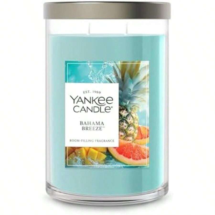 Yankee Candle - Vela perfumada de pilar mediano con hasta 115 horas de combustión, mezcla de cera de plantas premium para quemaduras constantes, vela de pilar de 14 onzas con fragancia de relleno de(Bahama Breeze Large 2-Wick Tumbler) - Multicolor - Ver 1