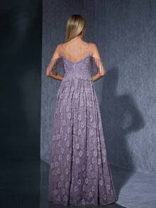 Spaghetti Strap V-Neck Beaded Fringe Panel Dress With 3d Sequin Embroidery Lace Pleated A-Line Full-Length Gown - Purple - View 2