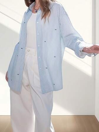 JOVI SHEEN Elegant Women's Casual Long-Sleeved Button-Down Shirt With Striped And Bow Print Design, Office Ladies' Shirt