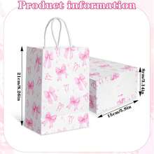 6/12个装蝴蝶结纸质礼品袋，8.3 x 5.9 x 3.1英寸，粉色蝴蝶结印花白色纸袋，带提手，派对糖果袋，适用于蝴蝶主题派对、婚礼、生日、新娘送礼会、婴儿派对等场合。 - 粉色 - 查看 2
