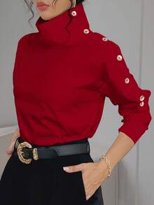 Camisa casual de manga larga con diseño de botones y cuello asimétrico para mujer, primavera - Rojo - Ver 10