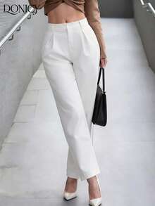 DONICY Quần nữ ống đứng xếp ly cạp cao màu trơn, mềm mại và thoải mái, thời trang, đa năng, thanh lịch, phù hợp cho sinh hoạt hàng ngày, hẹn hò, tiệc tùng, ngày Valentine, lễ hội, công sở. - trắng - Xem 9