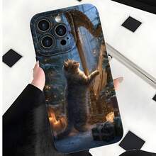 2026 nueva funda de teléfono esmerilada, funda de teléfono con gato tocando arpa en escena de bosque invernal con cajas de regalo y estampado de luces cálidas para  17 14 Pro Max  17 13  17 12  Galaxy S23 S22 S21 funda protectora para teléfono regalo de pareja para novio novia regalo de vacaciones - Blanco antiguo - Ver 7