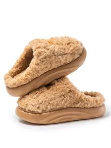 女士logo装饰羊毛拖鞋，加厚绒面内里保暖家居鞋，冬季简约舒适室内卧室地板拖鞋 - 卡其色 - 查看 4