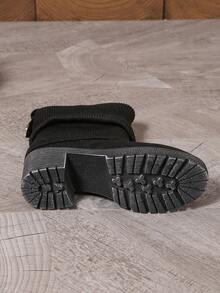 黑色褶裥靴筒，带搭扣，粗跟/中跟，圆头，套脚式，优雅百搭，通勤时尚女靴 - 黑色 - 查看 5