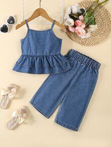 Bộ trang phục mùa hè cho bé gái - Áo denim nhún bèo không tay kết hợp với quần short denim giặt thường ngày viền ren, thích hợp cho du lịch mùa hè, đi biển hoặc mặc hàng ngày - Rửa trung bình - Xem 2