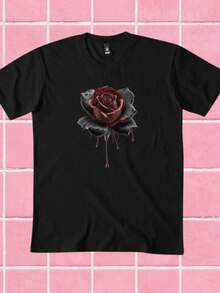 Gothic Rose Dark Red Floral Unisex Black Rose Print Botanical Grunge Aesthetic Top Nature Lover Gift Unisex Jersey Short - 黑色 - 查看 1