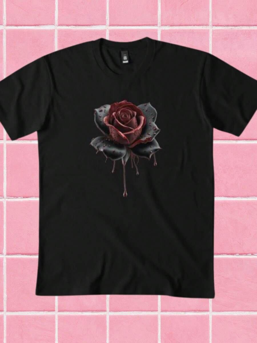 Gothic Rose Dark Red Floral Unisex Black Rose Print Botanical Grunge Aesthetic Top Nature Lover Gift Unisex Jersey Short - 黑色 - 查看 1