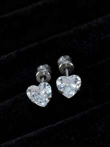 1 Pair Minimalist Stainless Steel Full Rhinestone Heart Stud Earrings For Men, Versatile For Daily Wear And Dates, Valentine's Day Exclusive Gift