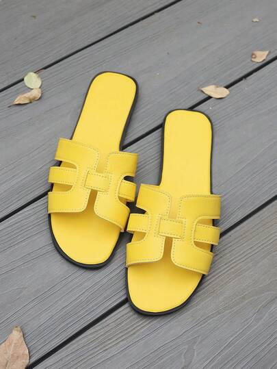 女士纯色韩版拖鞋，新款时尚平底休闲沙滩凉鞋