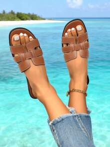 نعال نسائية بلون أحادي على الطراز الكوري، صنادل شاطئ كاجوال مسطحة وأنيقة - بني غامق - مشاهدة 11