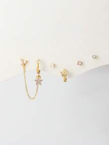 5 pièces Ensemble de boucles d'oreilles simples pour femmes avec fleur, papillon et gland ornés de zirconium, mode et raffiné - Or jaune - Voir 2
