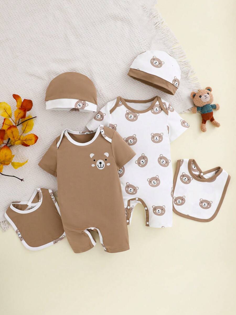 Summer Baby Boy Cute Cartoon Bear Print Short Sleeve Romper + Hat + Bib, Suitable For Indoor And Outdoor Wear - Multicolor - View 1