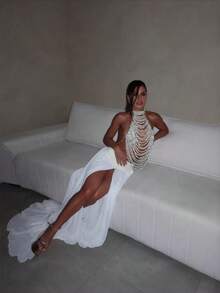 Y2K Pearl Multilayer Backless Body Chain, Suitable For Women To Attend Club Parties, Shiny And Eye-Catching Necklace Top - White - View 3