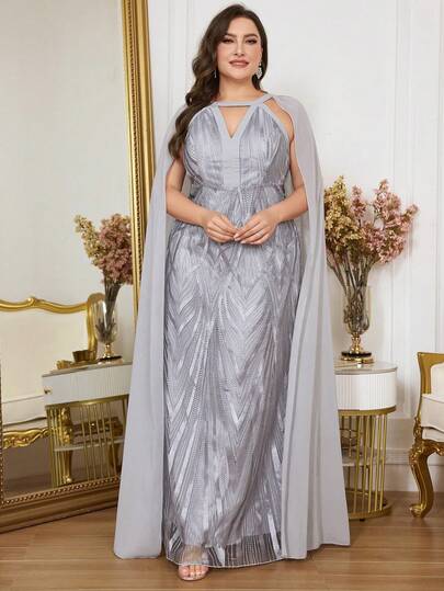 Plus Size V-Neck Flare Sleeve Long Evening Gown (Heavily Embellished)