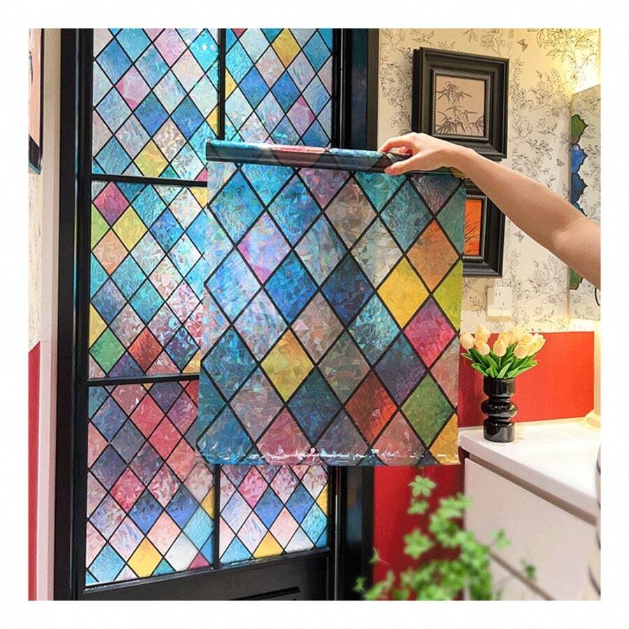 1 Roll Of 3D Stained Glass Window Film,Anti-Prying Eyes One Way Privacy Window Film Total Privacy With, UV Blocking Cover For Home/Office/Hospital - & Shatterproof Window Film - Multicolor - View 1