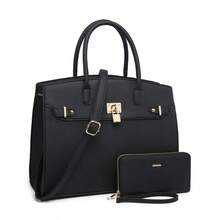 ZENG Classic Large Women's PU Leather Tote Handbag With Matching Zip Wallet, Elegant Structured Purse With Lock Top Handles & Detachable Shoulder Strap For Work, Office, Travel, And Everyday Use - 黑色 - 查看 1