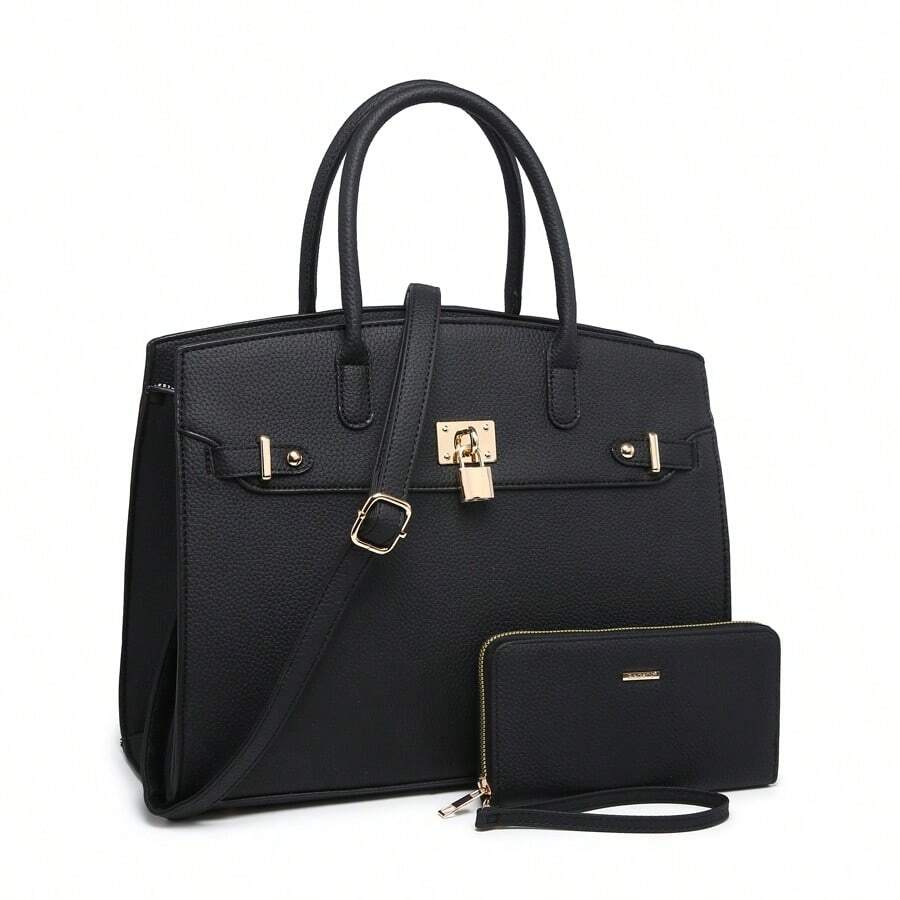 ZENG Classic Large Women's PU Leather Tote Handbag With Matching Zip Wallet, Elegant Structured Purse With Lock Top Handles & Detachable Shoulder Strap For Work, Office, Travel, And Everyday Use - 黑色 - 查看 1