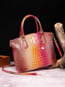 Luxurious Crocodile Pattern Cross-Body Top-Handle Bag - High-End Fashion Handbag For Women's Work And Daily Use - Premium Quality, Stylish Design, Multiple Pockets, Adjustable Strap - Hồng + Nâu - Xem 3