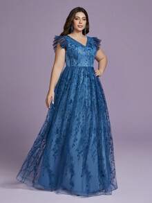 Anpoket (No Fixed Flower) V-Neck Mesh, Lotus Leaf Patchwork Embroidery, Lace, Folded And Large Swing Long Dress - Blue - View 1