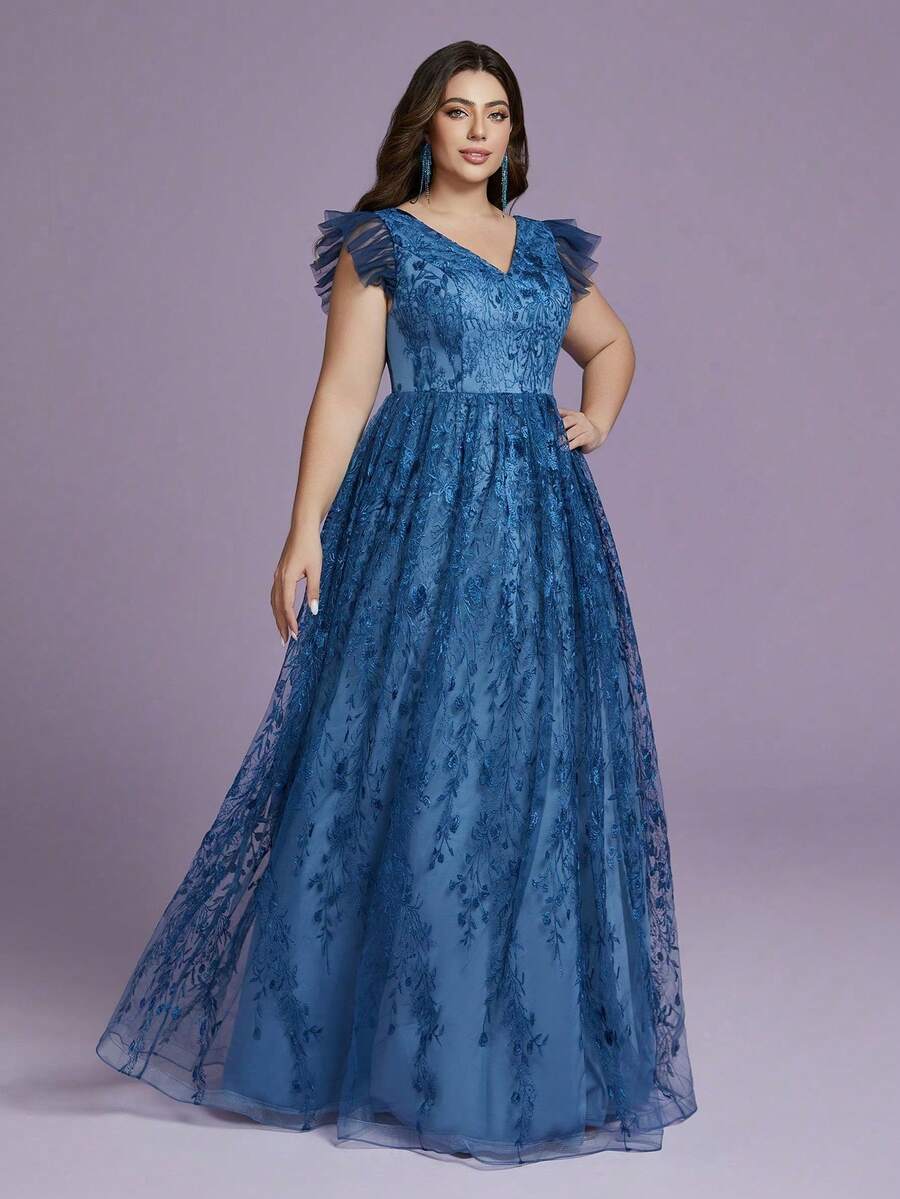 Anpoket (No Fixed Flower) V-Neck Mesh, Lotus Leaf Patchwork Embroidery, Lace, Folded And Large Swing Long Dress - Blue - View 1