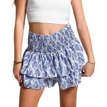- Minifalda bohemia de verano para mujer, cintura alta, con volantes, dobladillo floral, acampanado, plisado, falda corta para playa - CH Corto + Patrón C Azul - Ver 1